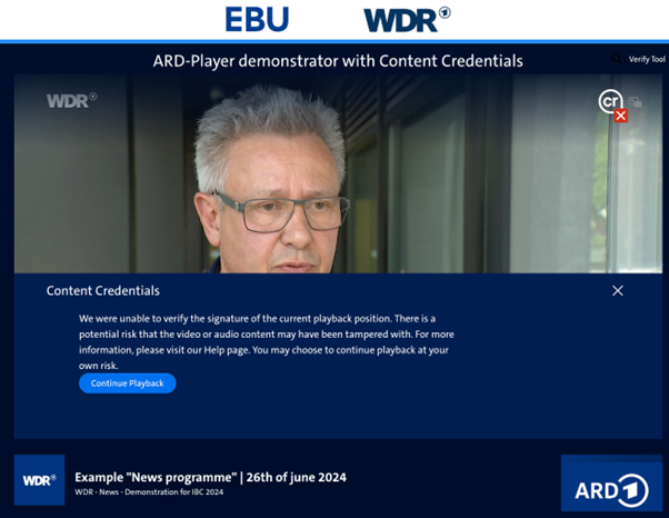 The image is a screenshot from a video player interface, specifically the ARD-Player demonstrator with Content Credentials, playing a news program. At the top of the screen, there are logos for EBU and WDR (German public broadcaster). The interface shows a content verification system, with a blue notification box containing text about content credentials. The Content Credentials pop-up states: We were unable to verify the signature of the current playback portion. There is a potential risk that the video or audio content may have been tampered with. For more information, please visit our Help page. You may choose to continue playback at your own risk. (Blue Continue Playback button) There's also a timestamp, or date reference, to June, 26, 2024.