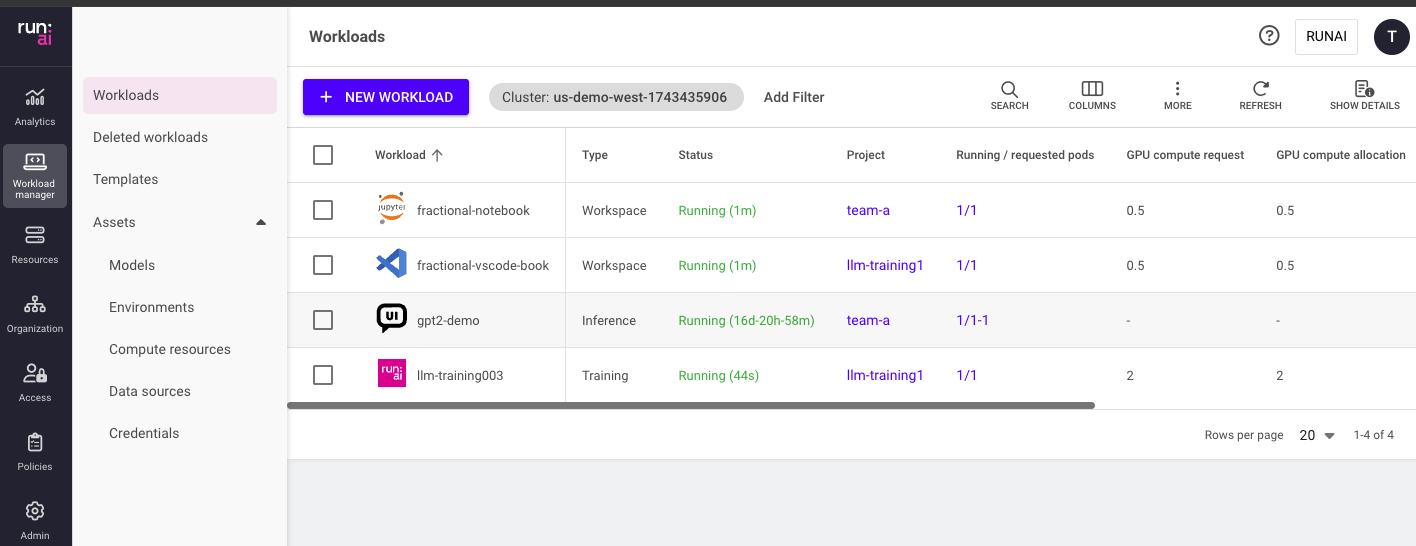 Run:ai user interface highlighting multiple Jupyter notebooks running on fractional GPUs using Run:ai's dynamic GPU allocation.