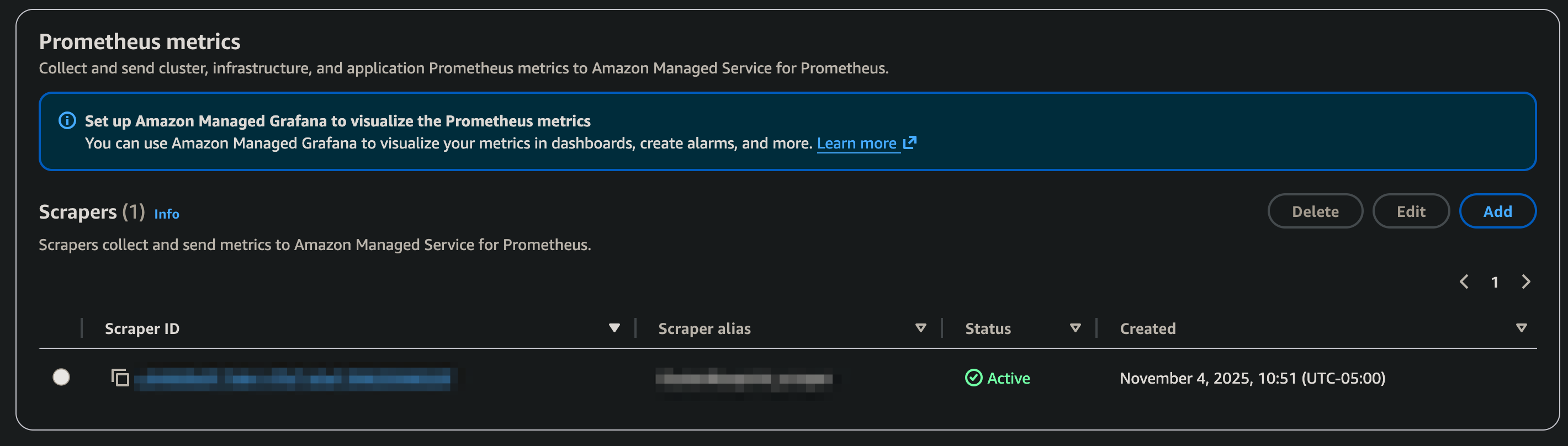 Figure 2: Amazon Managed Service for Prometheus scraper status