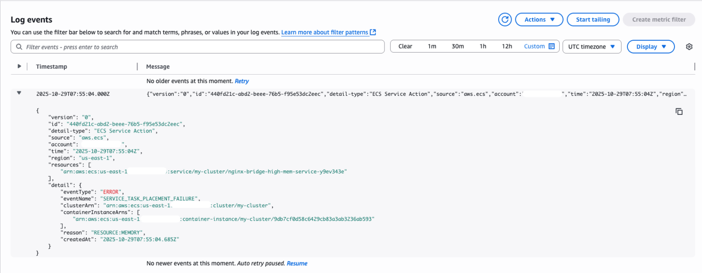 CloudWatch Logs console showing ECS task placement failure event details